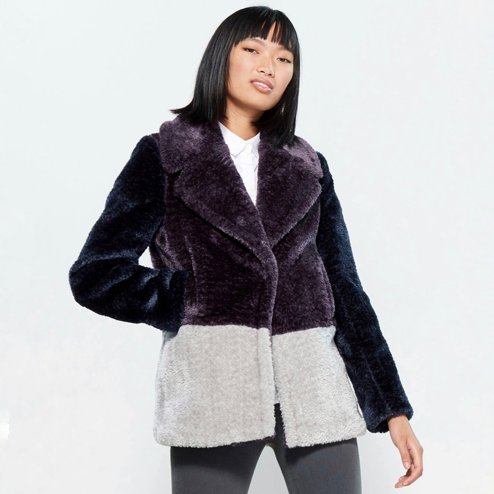 French Connection Purple Faux Fur Teddy Coat Plush Cozy Jacket Small Statement